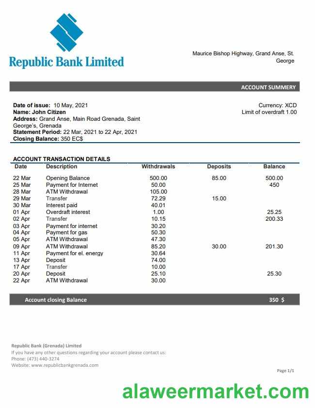 Grenada Republic bank statement